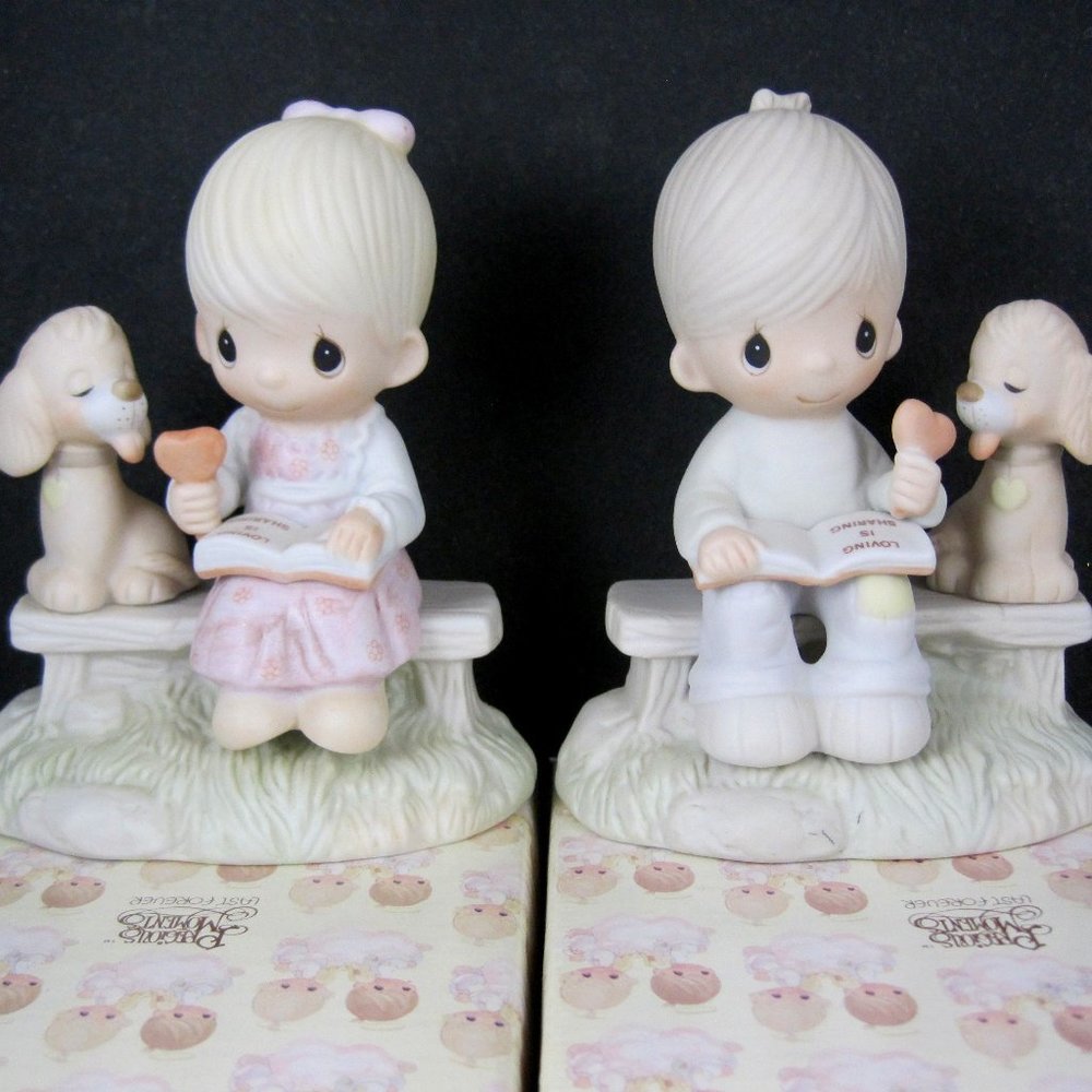 1979 Precious Moments Loving is Sharing Figurine Set Enesco E-3110/G E-3110/B